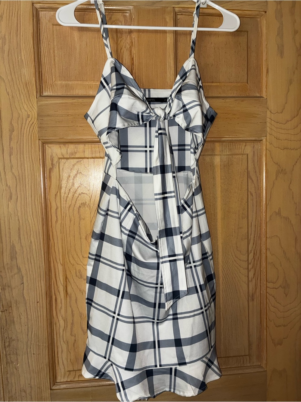 Zaful White and Navy Plaid Tie-Front Mini Dress
